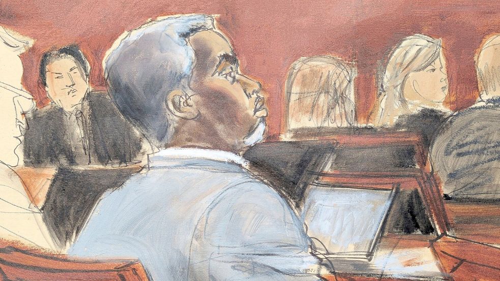 Die Gerichtszeichnung zeigt Sean „Diddy“ Combs, der den Eröffnungsplädoyers am ersten Verhandlungstag vor dem Bundesgericht in Manhattan zuhört. (Archivbild) Foto: Elizabeth Williams/AP/dpa