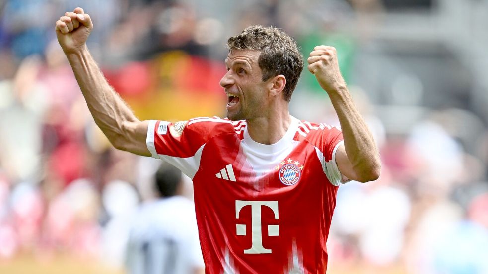 Thomas Müllers Jubel nach dem 250. Pflichtspieltor als Bayern-Profi. Foto: Sven Hoppe/dpa