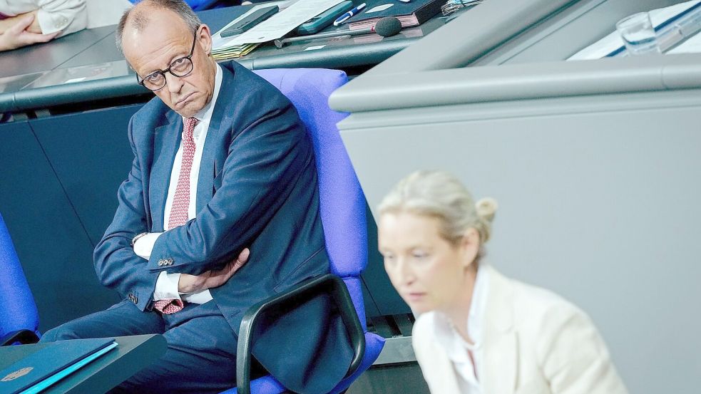 Merz und Weidel liefern sich einen heftigen Schlagabtausch. Foto: Kay Nietfeld/dpa