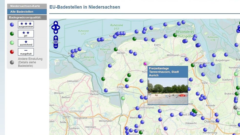 Der Badegewässer-Atlas: Beim Klick auf den Punkt öffnet sich eine ausführliche Beschreibung des Badesees. Screenshot: Hanz