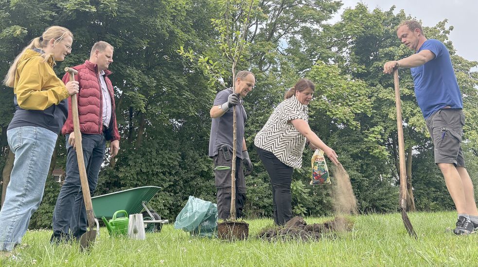 Andrea Bolewski (von links), Markus Hanekamp, Detlef Heinrich, Marlene Spieker und Jan Ibelings pflanzten auf dem Gelände des Reilstiftes an der 1. Südwieke in Westrhauderfehn einen Pflaumenbaum. Foto: Marion Janßen