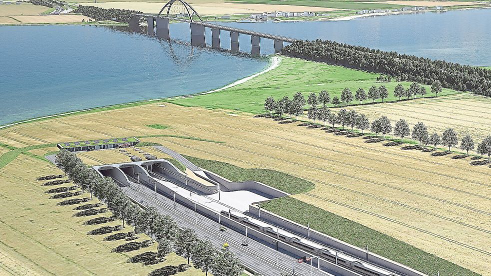 Notlösung Fehmarnsundbrücke: Das 62 Jahre alte Bauwerk kann auch künftig von Autos genutzt werden, falls der – hier virtuell dargestellte – neue Sundtunnel wie eingeräumt nicht rechtzeitig fertig wird. Foto: DB