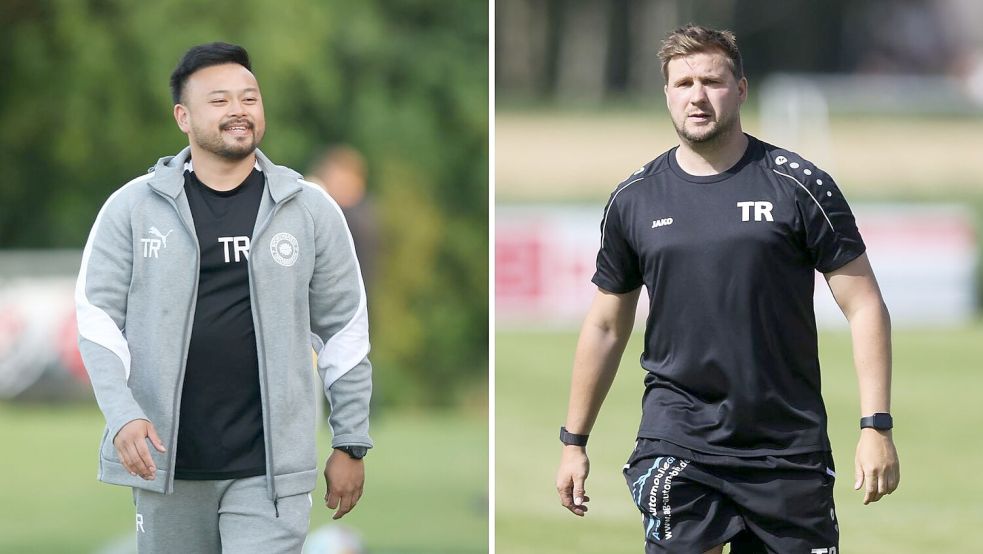 Der SV Großefehn (links Trainer Bi Le Tran) hat im ersten Liga-Heimspiel der Saison den TuS Hinte mit Neu-Coach Ralf Ludwigs (rechts) zu Gast. Collage-Fotos: Jens Doden, Emden