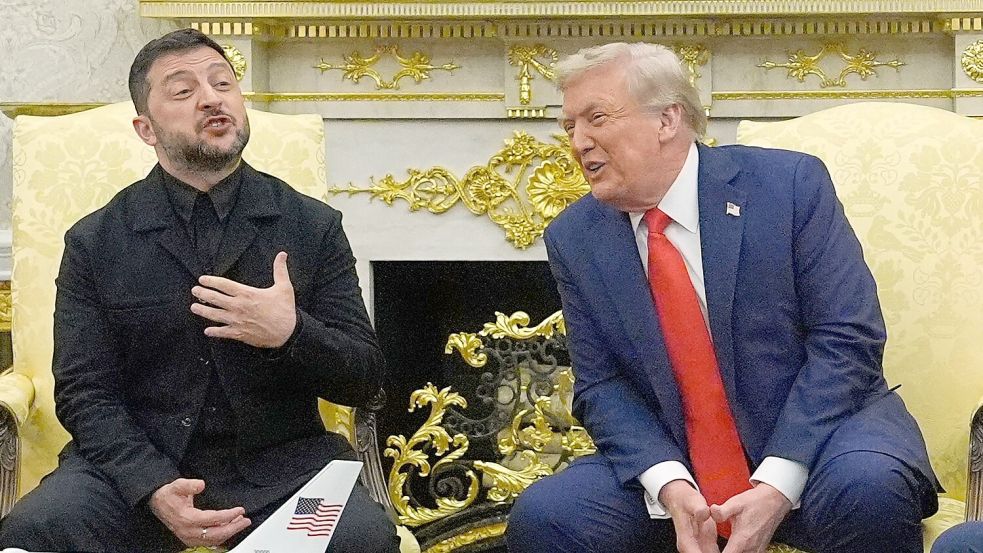 Selenskyj und Trump sprachen gemeinsam vor Journalisten. Foto: Julia Demaree Nikhinson/AP/dpa