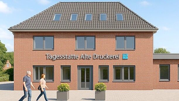 Das Gebäude der ehemaligen Druckerei Meeuw in Remels soll eine Tagesstätte werden. Illustration: Diakoniestation Hesel-Jümme-Uplengen