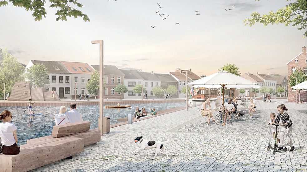 Eine Fahrbahn mitten durch die Außengastronomie des „Hafen 55“? Für die Grünen ist das keine optimale Lösung. Visualisierung: NSP Landschaftsarchitekten