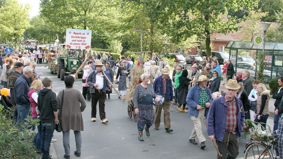 Zahlreiche Festwagen werden beim großen Ernteumzug der KLJB Harkebrügge über die Straßen rollen. Archivfoto: Hans Passmann