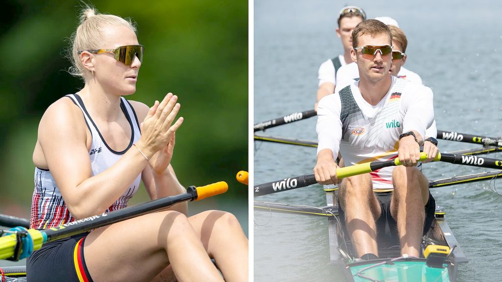 Die eine nimmt bereits zum vierten Mal an der WM teil, der andere feiert sein Debüt: Pia Greiten und Friedrich Amelingmeyer treten für die deutsche Ruder-Nationalmannschaft an. Foto: Collage/IMAGO/Beautiful Sports/IMAGO/Sven Simon