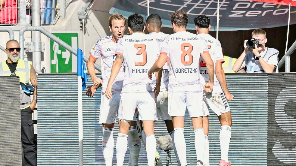 Feiern das Führungstor: Kane und seine Bayern-Kollegen. Foto: Uwe Anspach
