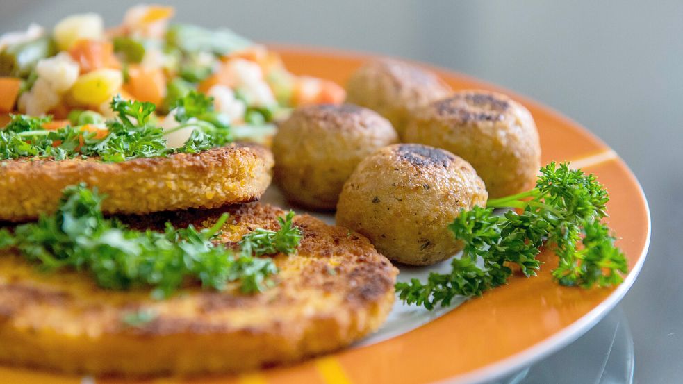 Falafel, vegane Schnitzel und Gemüse liegen auf einem Teller in einer Küche. Ob vegane Schnitzel bald noch so heißen dürfen, ist Thema im EU-Parlament. Foto: Silas Stein/dpa
