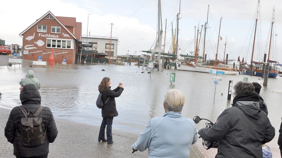 Das Hochwasser im Ditzumer Hafen haben sich einige angeschaut oder es mit dem Handy festgehalten. Foto: Bodo Wolters