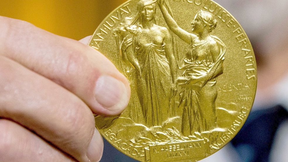 Die Rückseite der Nobel-Medaille für Physik stellt die Natur in Form einer Göttin dar, die ein Füllhorn hält. Der Schleier, der ihr Gesicht bedeckt, wird vom Genie der Wissenschaft hochgehalten. (Archivbild) Foto: Stefanie Loos