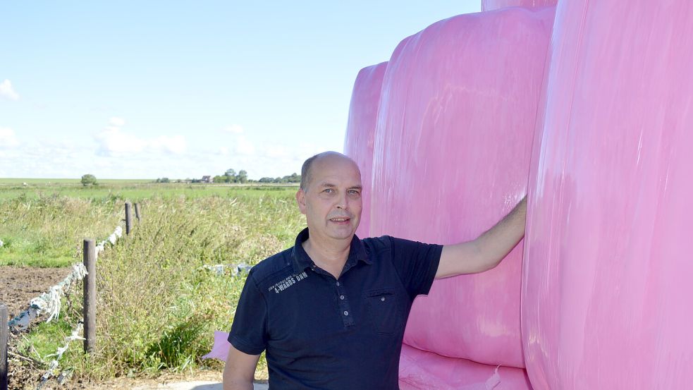 Manfred Tannen, Präsident des ostfriesischen Landvolks, lässt seinen Grasschnitt in pinke Folie wickeln. Foto: privat