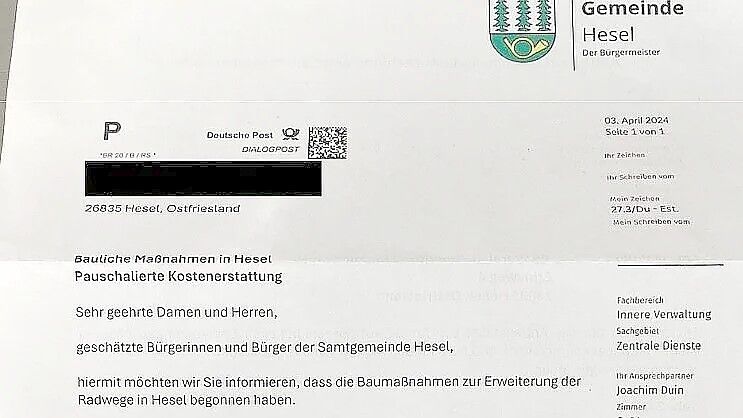 Während die Hauptstraße in Hesel gesperrt war, bekamen Heseler ein Schreiben. Das war angeblich von der Gemeinde und versprach Kostenerstattung. Foto: privat/Archiv
