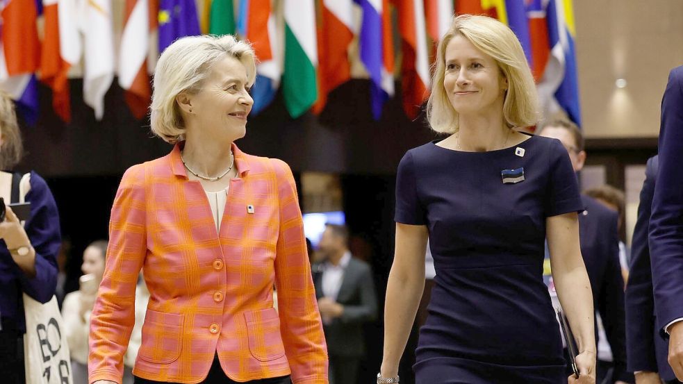 Wollen deutlich mehr Tempo beim Thema Verteidigung: EU-Kommissionspräsidentin Ursula von der Leyen und die EU-Außenbeauftragte Kaja Kallas. (Archivbild) Foto: Geert Vanden Wijngaert/AP/dpa