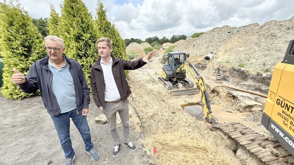Mitten in Firrel entsteht ein neues Baugebiet, das Bürgermeister Johannes Poppen (links) und sein Stellvertreter André Keiser kürzlich vorgestellt hatten. Nun beginnt die Vermarktung. Foto: Klaus Ortgies/Archiv