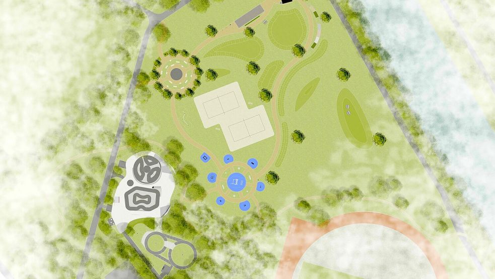 Gesamtlageplan der neu gestalteten Flächen beim Schulzentrum Barßel: rechts oben befindet sich der Mehrgenerationenpark, links ist der Skatepark eingezeichnet (hellgraues Areal) und darunter liegen die beiden neuen Rollsportfelder. Foto: Die Grünplaner