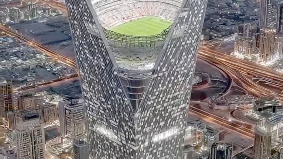 Ein KI-Video des Stadions verbreitete sich im Internet wie ein Lauffeuer. Es entspricht allerdings nicht den echten Plänen Saudi-Arabiens. Foto: Sophie Handl/Unknown