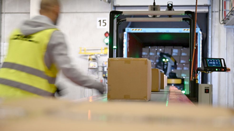 Ein DHL-Mitarbeiter nimmt Pakete in Emfpang - im Hintergrund ist ein Roboter zu sehen, der die Pakete aus einem Container nimmt und sie auf ein Förderband legt. (Archivbild) Foto: Wolf von Dewitz/dpa