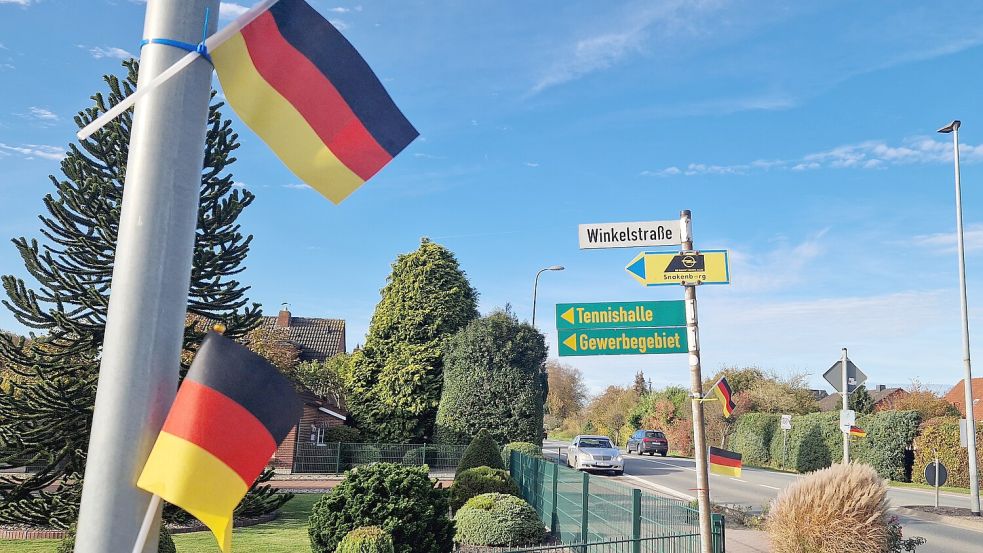 An Laternen, Straßenschildern und an Hecken von Privatgrundstücken an der Weenerstraße und der Neuschanzer Straße in Bunde haben Unbekannte Deutschlandflaggen aufgehängt. Foto: Tatjana Gettkowski