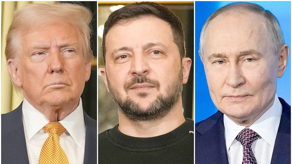 Die drei Präsidenten Trump, Selenskyj und Putin (von links) verhandeln über eine Lösung im Ukraine-Krieg. (Archivbild) Foto: Morissard/Bednyakov/AP/dpa