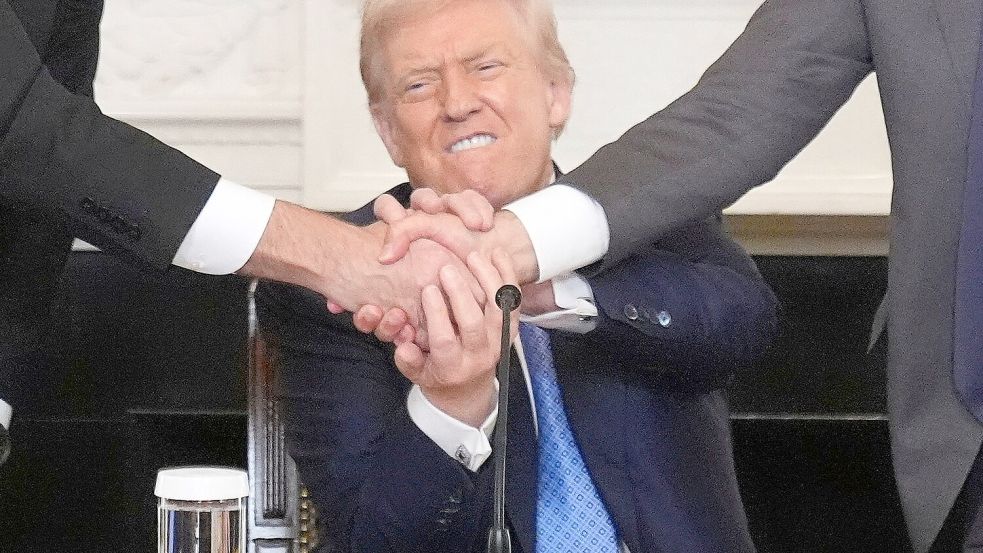 Der Ausdruck „Deal“, eines der Lieblingswörter von US-Präsident Donald, belegt den zweiten Platz bei den „Wörtern des Jahres“ 2025. (Symbolbild) Foto: Mark Schiefelbein/AP/dpa