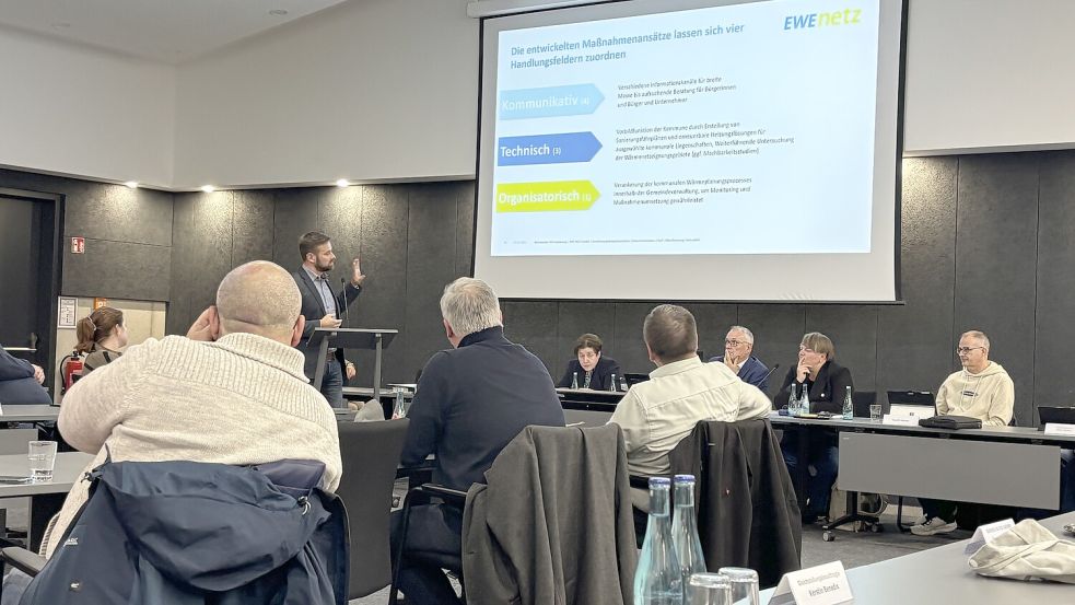 Projektleiter Marcus Krücken von der EWE Netz erklärte im Ostrhauderfehner Gemeinderat den bisherigen Stand für eine kommunale Wärmeplanung. Foto: Henrik Zein