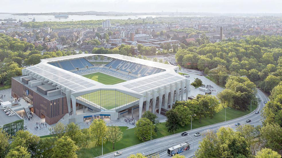 So soll es nach dem Umbau aussehen: Das neue Holstein-Stadion in Kiel. Foto: Landeshauptstadt Kiel/Arge HPP/Ax5