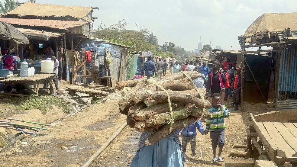 Eine Frau trägt ein Bündel Brennholz entlang der Bahnstrecke, die durch Nairobis größten Slum Kibera führt. (Archivbild) Foto: Eva Krafczyk/dpa