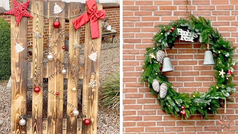 Das rechte Bild zeigt eine aufgearbeitete Holzpalette, die mit einer Lichterkette, Weihnachtskugeln und einer roten Schleife weihnachtlich dekoriert ebenfalls im Garten steht. Ein weihnachtlich gestalteter Kranz mit einem kleinen Holzschild, auf dem „Frohes Fest“ steht, befindet sich an der Hauswand. Foto: Familie Buttjer