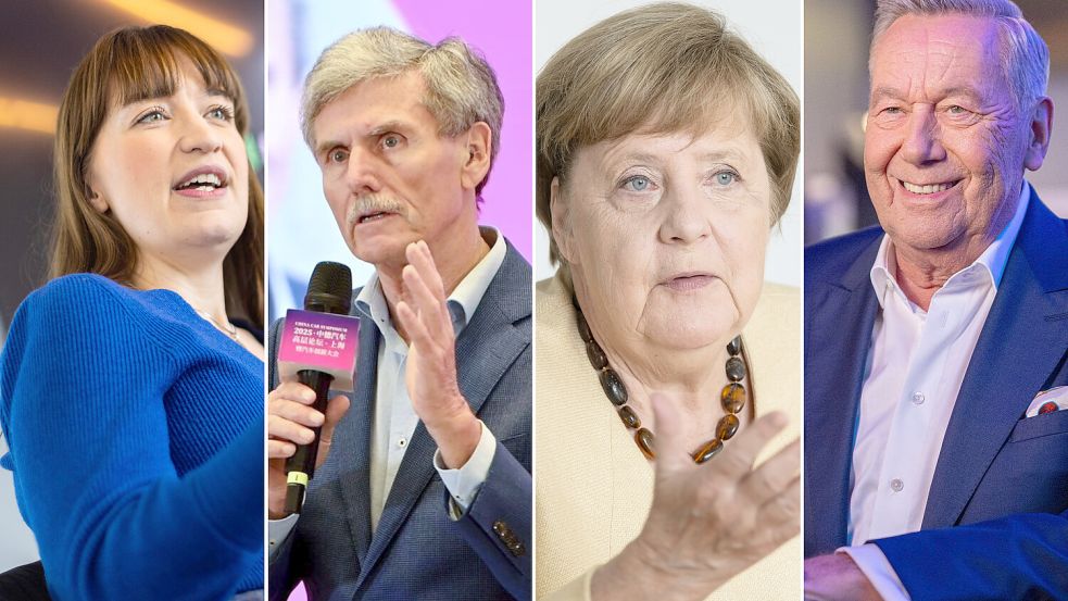 Heidi Reichinnek (von links) polarisierte mit ihrer Kampfansage an den Kapitalismus, Ferdinand Dudenhöffer kritisierte Politik und Stromkonzerne, Angela Merkel blickte auf 16 Jahre Kanzlerschaft zurück und Roland Kaiser philosophierte über Flirt-Situationen. Foto: Michael Gründel, dpa/Johannes Neudecker, Marco Urban, dpa/Guido Kirchner