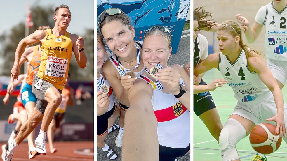 Sportler, Team und Club des Jahres (v. li.) im Osnabrücker Lokalsport: Florian Kroll, Frauke Hundeling und Pia Greiten sowie der BBC Osnabrück. Foto: NOZ/Imago/Beautiful Sports, Privat, Helmut Kemme