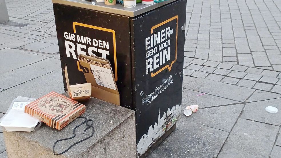 Volle Mülltonne in der Osnabrücker Innenstadt: Dieses Foto hat unsere Leserin Brunhilde Speller an einem Samstagnachmittag am Nikolaiort aufgenommen. Foto: Brunhilde Speller