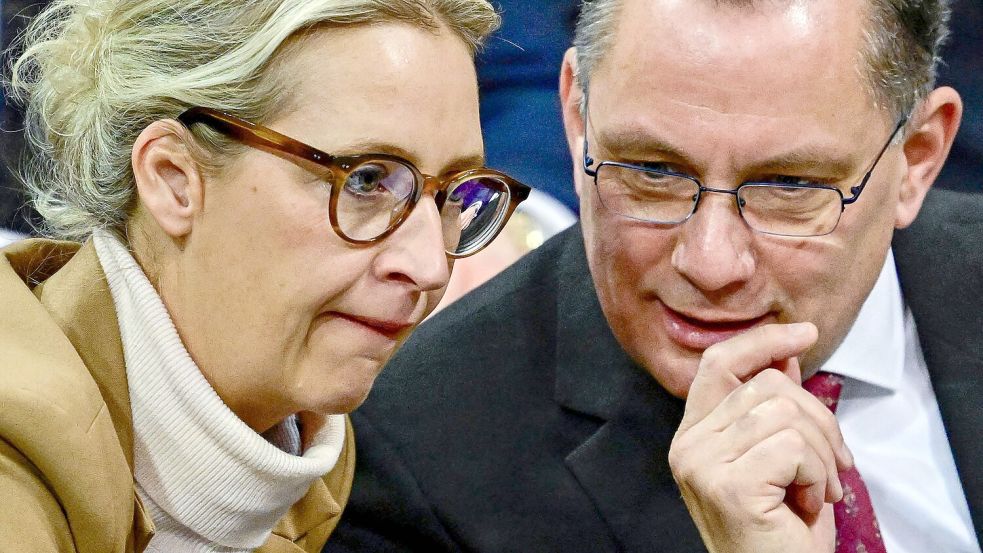 Ihre Partei ist bundesweit in ungebrochenem Aufwind: AfD-Chefin Alice Weidel und Co-Chef Tino Chrupalla. Foto: AFP/TOBIAS SCHWARZ