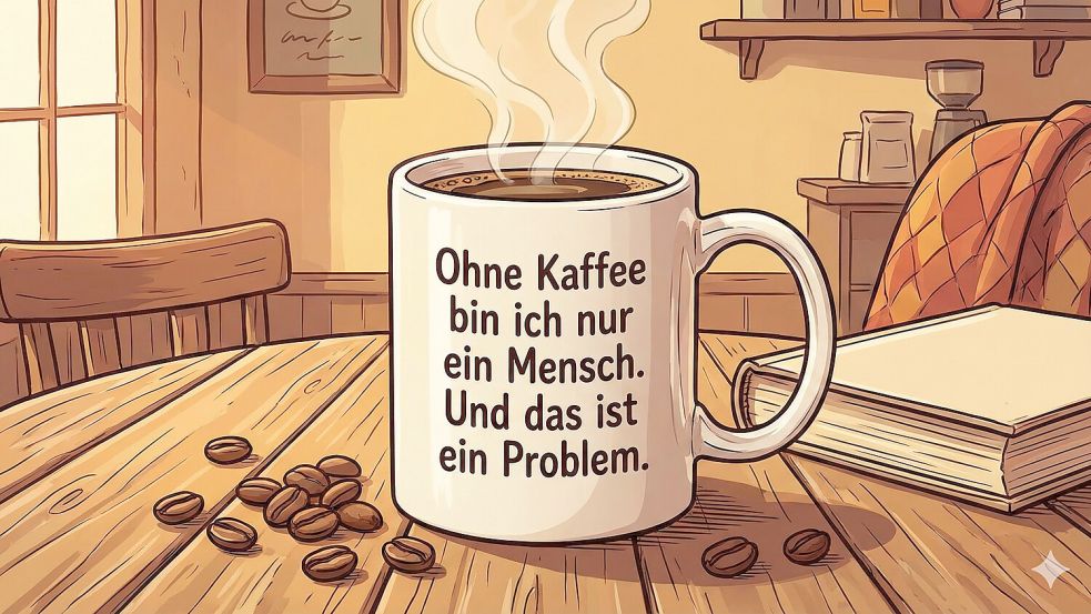 Kaffeesprüche auf Tassen, Postern und Tafeln nerven einfach. Foto: Google Gemini – Mit KI generiert