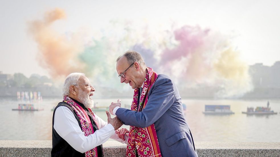 Ministerpräsident Modi und Kanzler Merz wollen die Beziehungen ihrer Länder deutlich ausbauen. Foto: Kay Nietfeld/dpa