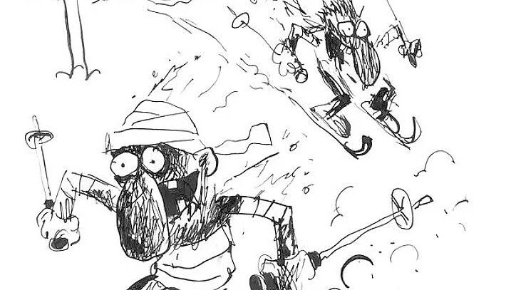 Angebrannte Menschen fahren mit Ski eine Piste hinab – für das Team von „Charlie Hebdo“ Kritik an der Feuertragödie in Crans-Montana. Foto: Charlie Hebdo