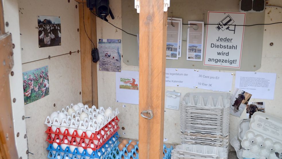 Im Verkaufsschrank ist eine Kamera angebracht. Ein Schild weist auf die Video-Überwachung hin. Eier gibt es braune und weiße für 3 Euro pro Packung. Foto: Astrid Fertig