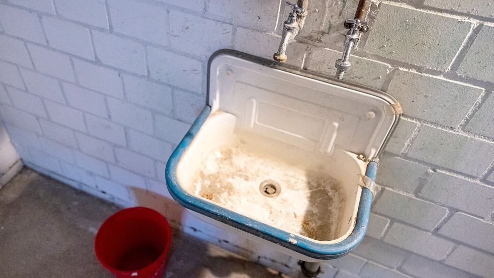Im Keller stand den Mietern nach zwei Tagen ein Provisorium zur Verfügung. An diesem Waschbecken wurde ein Wasserschlau installiert. Eimer musste jeder selbst mitbringen. Foto: Denise Matthey