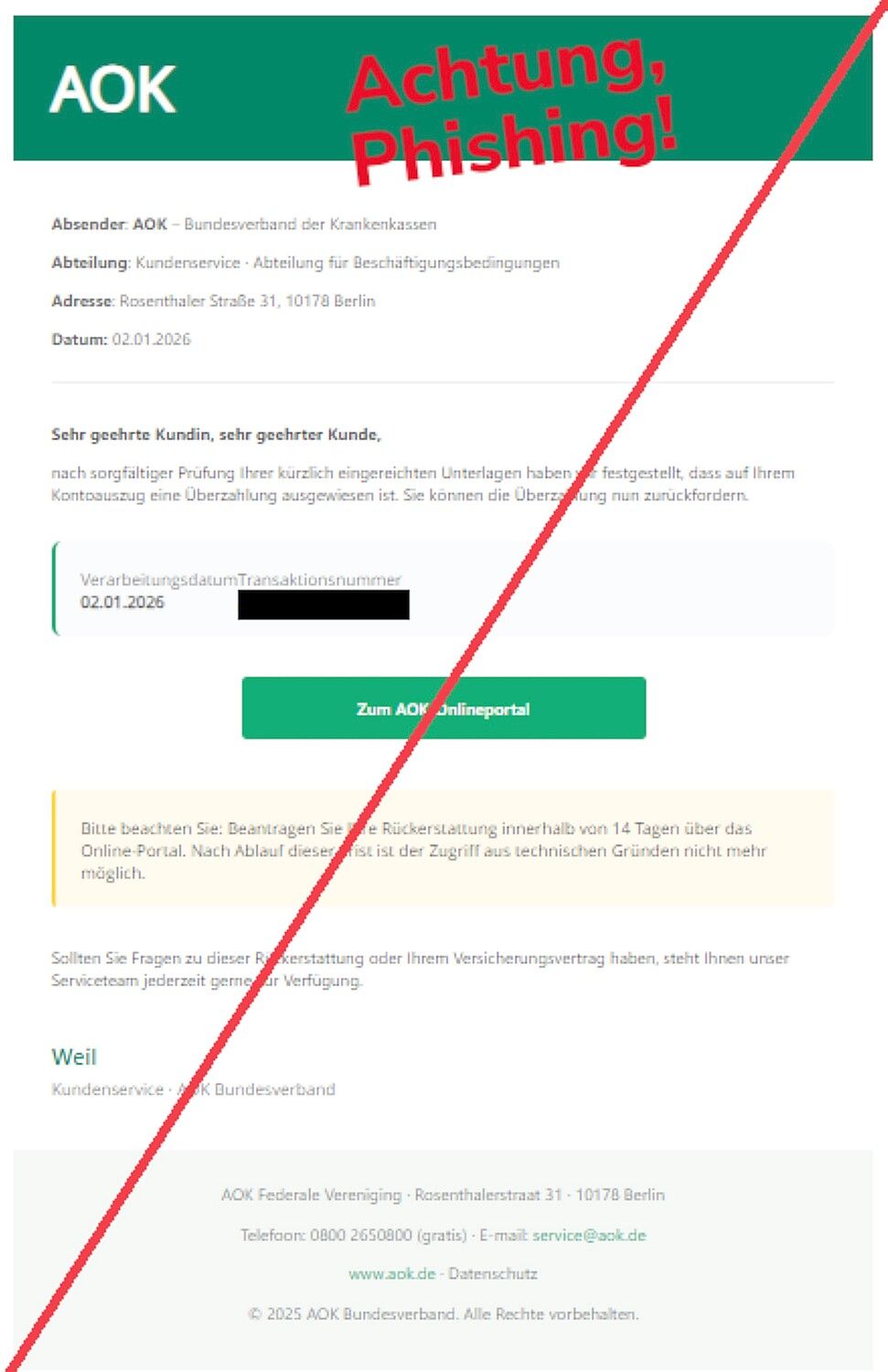 Wer per E-Mail von der AOK eine Rückerstattung angekündigt bekommt, sollte auf keinen Fall darauf reagieren: Es handelt sich um eine Betrugsmasche. Foto: Verbraucherzentrale
