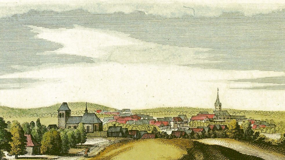 Kupferstich von Matthaeus Merian der Ältere aus dem Jahr 1647: vorne die „nye Stad“, daneben die Soeste und rechts die alte Stadt mit Burg, links die Andreaskirche. Foto: Archiv Martin Pille