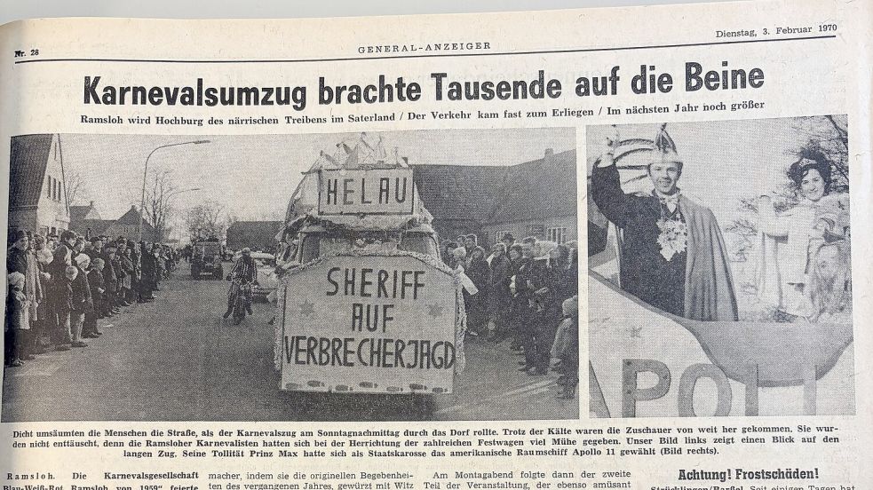 Der General-Anzeiger berichtete am 3. Februar 1970 über die Premiere des Karneval-Umzugs in Ramsloh. Foto: Horst Kruse