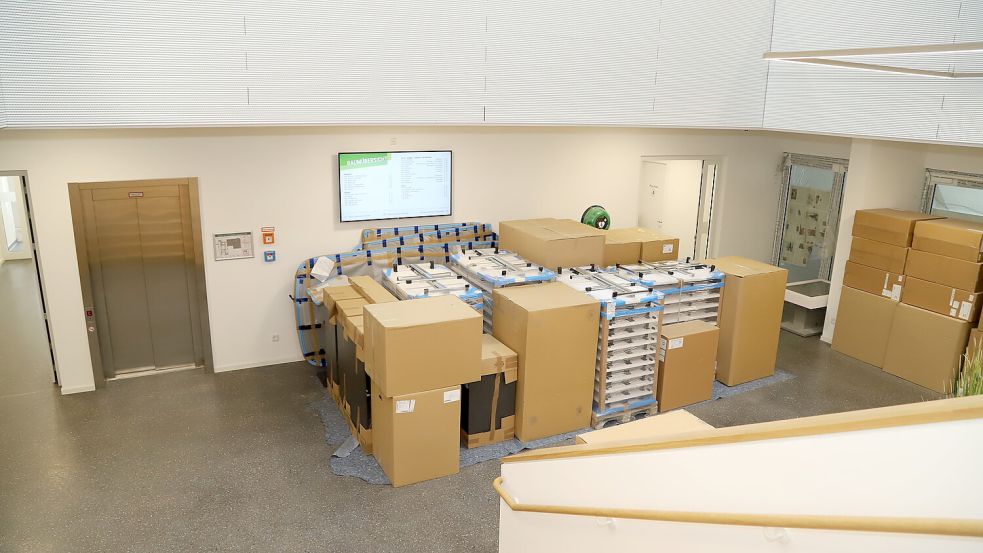 Im Foyer des Rathauses wartet das neue Mobiliar auf den Einzug ins Bürgerhaus. Foto: Hans Passmann