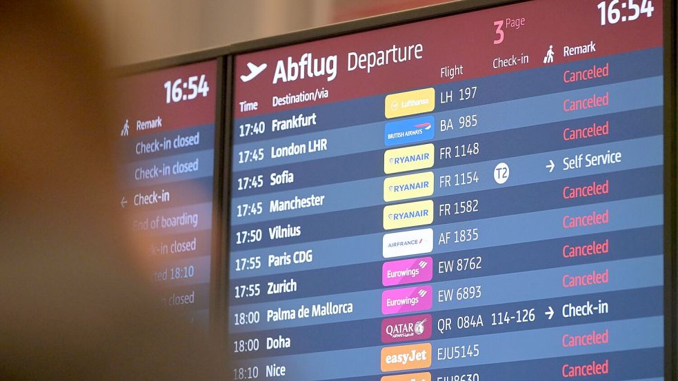 Passagiere blicken auf eine Anzeigetafel am Hauptstadtflughafen BER. Foto: Michael Bahlo