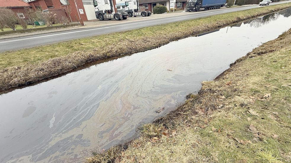 Auf dem Kanal der 1. Südwieke schwamm ein Ölfilm. Foto: Feuerwehr Westrhauderfehn