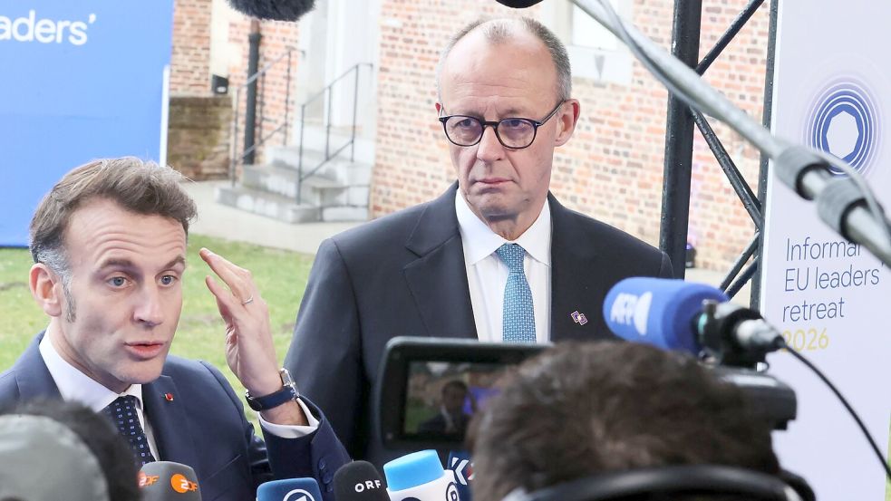 Betonen vor dem EU-Gipfel ihre Einigkeit: Macron und Merz. Foto: Francois Walschaerts/AP/dpa
