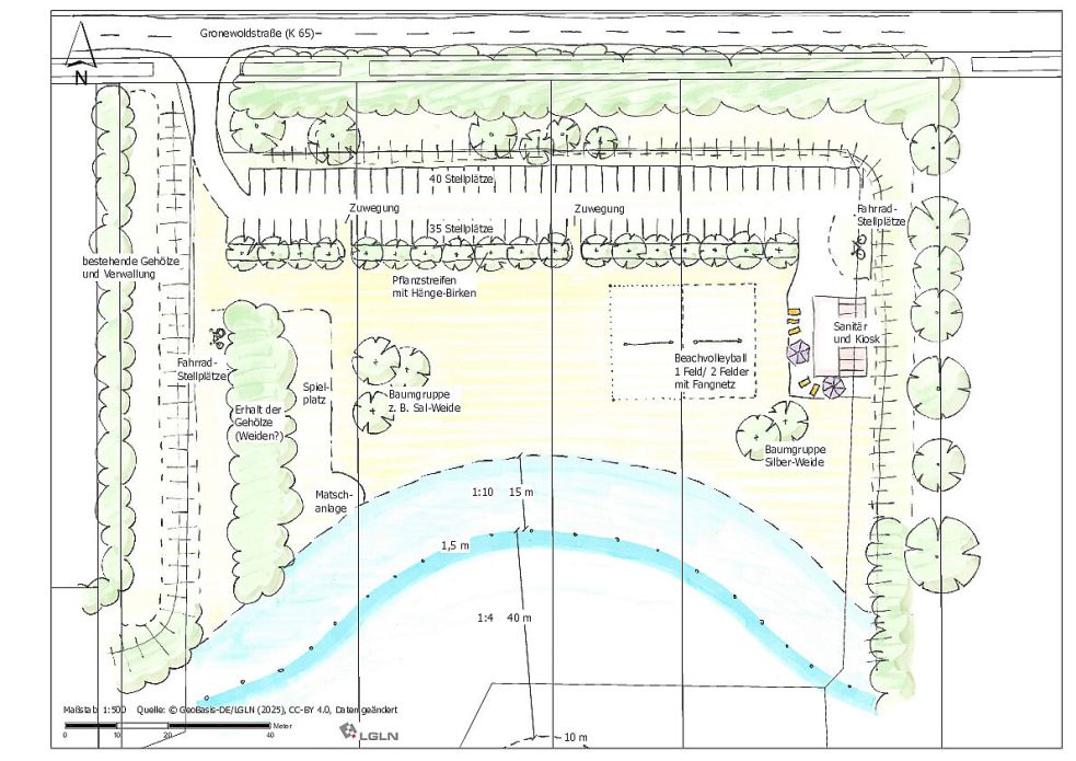 Beachvolleyballfeld, Sanitäranlagen, Parkplätze, Fahrradständer und Kiosk: Alles da auf der ersten Entwurfsskizze der Gemeinde Rhauderfehn, wie das rund zwei Hektar große Gelände am Baggersee südlich der Gronewoldstraße gestaltet werden könnte. Diese Skizze wurde jetzt auch den Anliegern bei einer internen Info-Veranstaltung vorgestellt, zu der die Gemeindeverwaltung eingeladen hatte. Quelle: Gemeinde Rhauderfehn