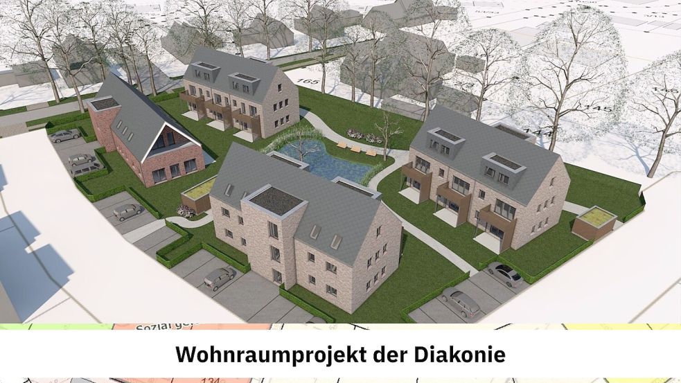Ein Wohnpark mit Grünanlage: So könnte das Grundstück der Diakoniestation Hesel-Jümme-Uplengen einmal aussehen. Grafik: Gemeinde Uplengen/Archiv