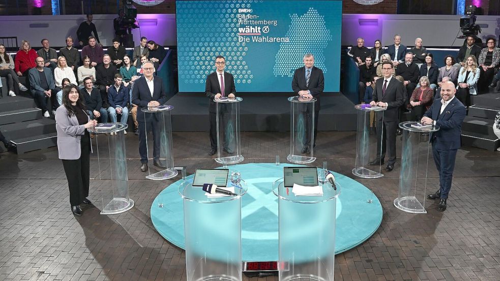 In der SWR-„Wahlarena“ trafen die sechs Spitzenkandidatinnen und Spitzenkandidaten der Parteien mit Aussicht auf Sitze im Landtag aufeinander. Foto: Bernd Weißbrod/dpa