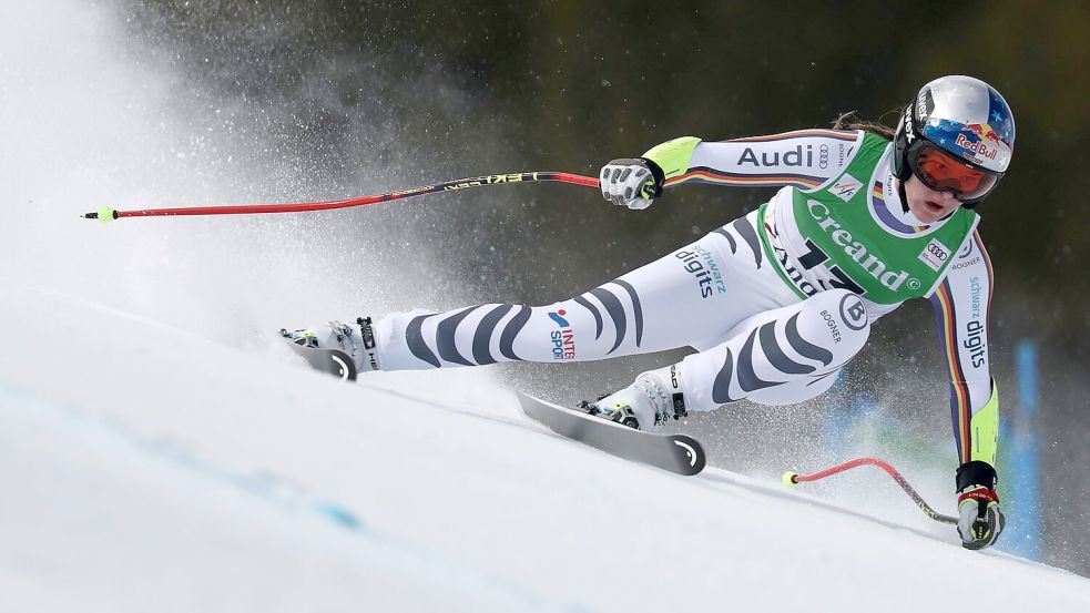 Ein Sieg und ein zweiter Platz: Emma Aicher zeigt in Andorra ihre Topform. Foto: Gabriele Facciotti/AP/dpa